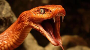 An open mouthed orange colored snake with large fangs shown photo
