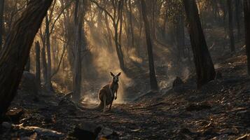 A kangaroo stands within a smoke filled and burned forest environment photo