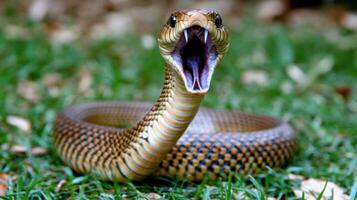 A brown snake with its mouth open wide showing its teeth photo