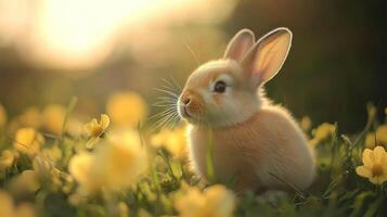 An adorable rabbit sits peacefully in a field of wildflowers photo