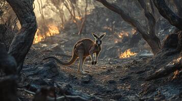 A kangaroo running through a burnt forest with fires in the background photo
