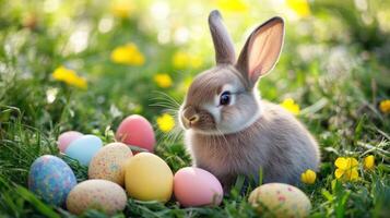A fluffy bunny sits with colorful painted eggs in grass photo