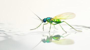 A vibrant green and iridescent insect on a white surface photo