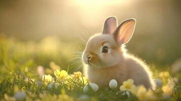 A Gentle Bunny Sitting in a Sunny Grassy Meadow photo