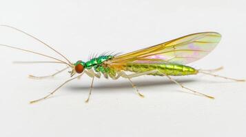 A close up photograph shows a metallic green insect profile photo