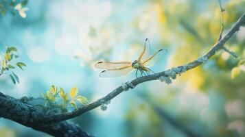 A beautiful dragonfly is resting on a small tree branch photo