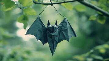 A folded paper bat hangs gracefully from a green tree branch photo