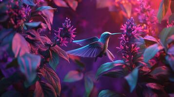 A small colorful hummingbird hovering near vibrant purple flowers photo