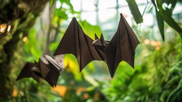 Two brown paper origami bats are hanging in a green environment photo