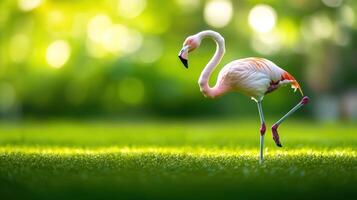 A beautiful flamingo standing on green grass with its head lowered photo