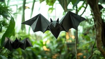 Two black origami bats are hanging in a green environment photo