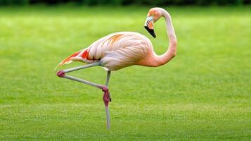 A pink flamingo stands gracefully on one leg in green grass photo