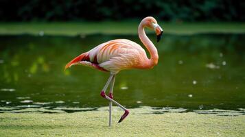 A graceful flamingo standing in a natural watery environment photo