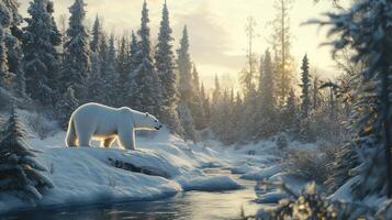 A beautiful polar bear walking in a snowy winter landscape photo