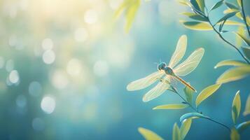 A beautiful dragonfly rests on leaves illuminated by gentle sunlight photo