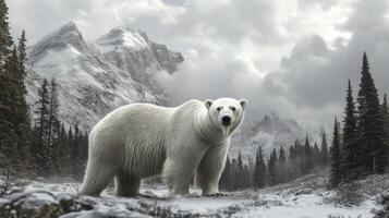 A large polar bear stands proudly in the snowy mountain landscape photo