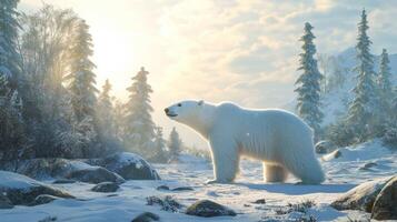 A solitary polar bear traversing a snowy expanse in a bright landscape photo