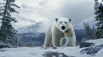 A large majestic white bear standing in the snowy wilderness photo