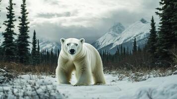 A large polar bear stands in a snowy winter landscape photo