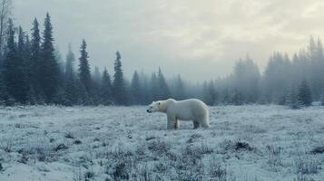 A solitary polar bear stands in a snowy misty forest landscape photo