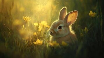 A small rabbit sits amongst vibrant yellow spring flowers photo