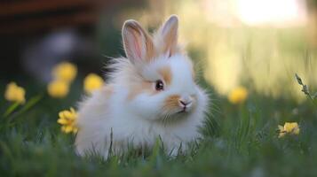 A fluffy white and tan rabbit sitting in green grass photo