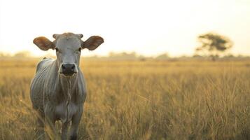 A solitary cow standing in tall golden grassy field photo