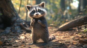 An adorable raccoon stands upright in a beautiful forest setting photo