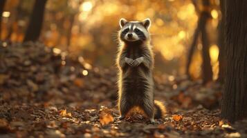 A cute raccoon standing upright in a beautiful autumn forest photo