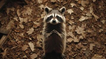 A curious raccoon stands with hands clasped looking directly at the viewer photo