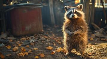 An adorable raccoon standing upright with its paws folded in front photo