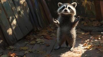 A cute raccoon standing with arms open looking forward at the viewer photo
