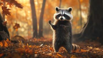 An adorable raccoon stands in a forest with beautiful autumn leaves photo