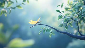 A beautiful yellow dragonfly rests on a tree branch photo