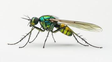 A detailed macro photograph of a colorful insect specimen on white photo