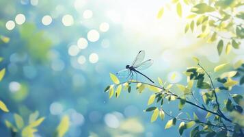 A delicate dragonfly resting on a leafy branch in the sunshine photo