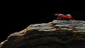A single red ant is perched on dark rough textured wood photo