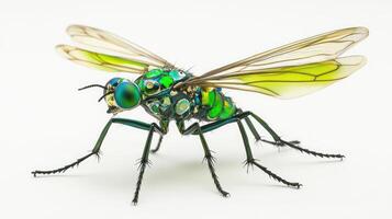 An insect with metallic green body is seen on white background photo