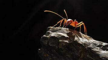 A detailed image showing a red ant resting on a piece of wood photo