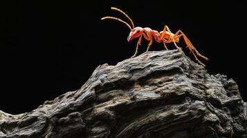 An orange ant standing on a textured weathered wooden surface photo