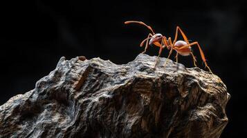 An orange ant is perched on a detailed textured rock surface photo