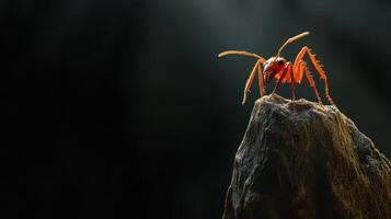 A bright red ant stands on a piece of weathered wood photo