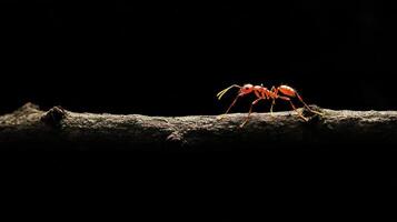 A detailed view of a red ant walking on a small branch photo