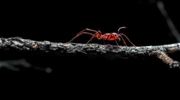 A Bright Red Ant Perched on a Dark Tree Branch photo