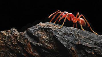 A Macro Photograph Depicts a Red Ant on a Textured Rock Surface photo