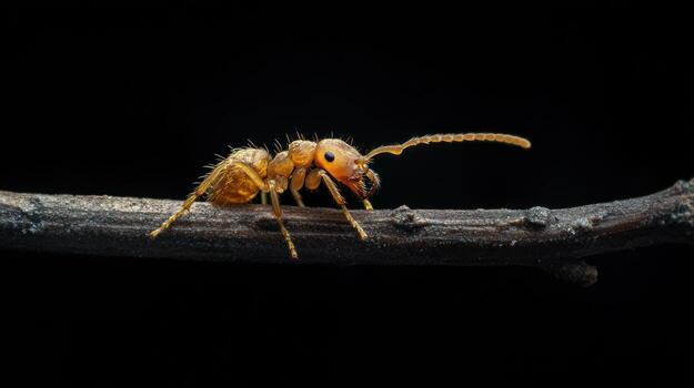 A close up macro shot of a single ant on a branch photo
