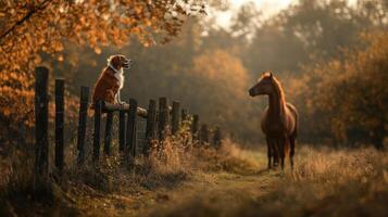 A dog perched on a fence watches a horse in nature photo
