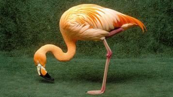 A tall flamingo stands gracefully with its head reaching downward photo
