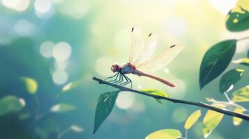A delicate dragonfly resting on a small branch with sunlight behind it photo