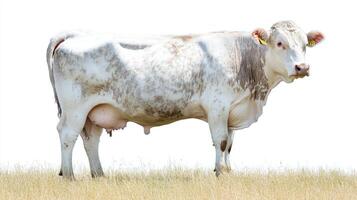 A large white cow with brown patches standing in the grass photo
